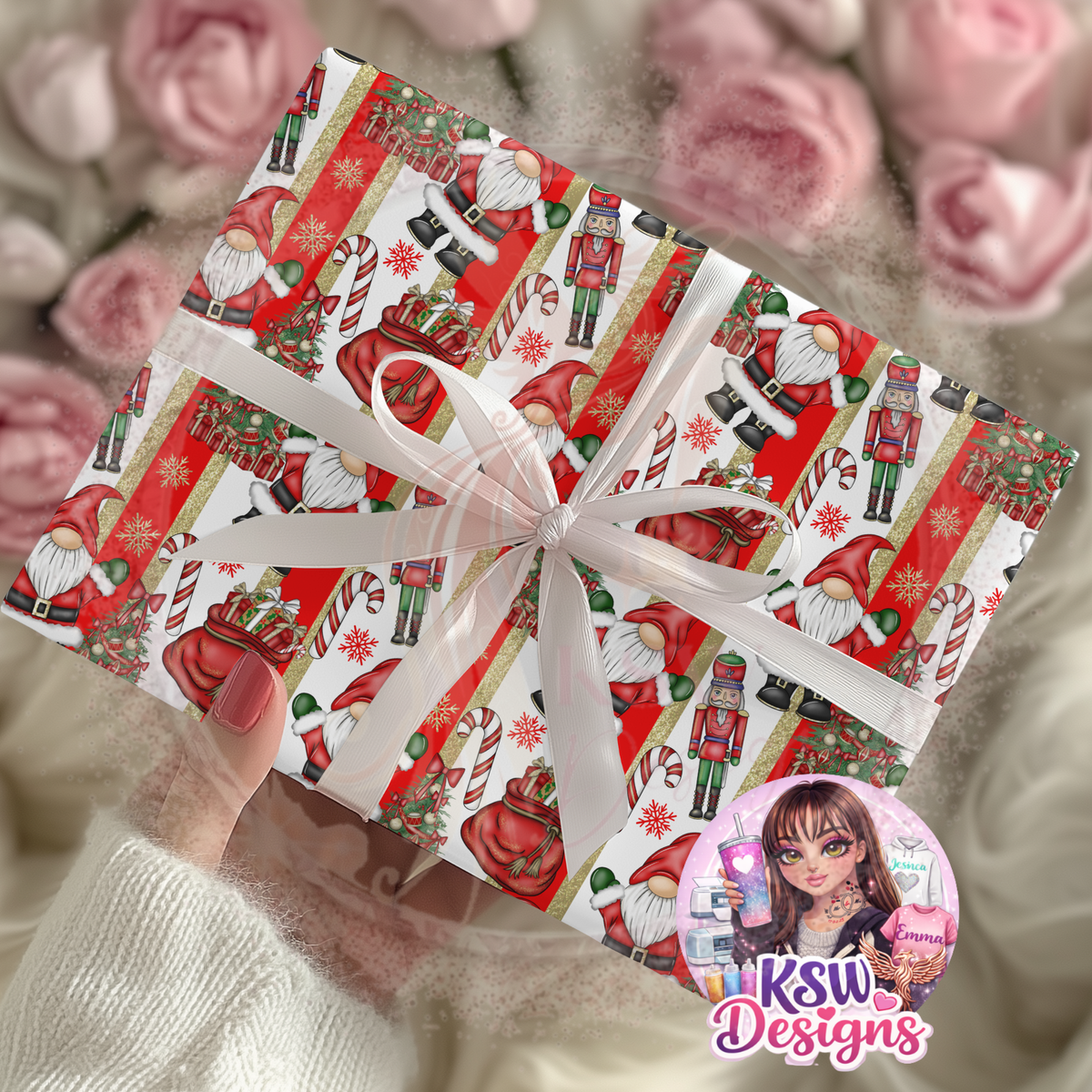 Christmas present wrapped in Santa's Gonk Parade A3 wrapping paper featuring Santa gonks, nutcrackers, candy canes and red and gold festive stripes, finished with a white ribbon.