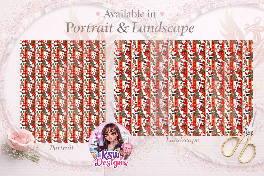 Side-by-side view of Santa's Gonk Parade Version 2 A3 Christmas wrapping paper in portrait and landscape, featuring a small repeating pattern of festive gonks, nutcrackers, Christmas trees and red and gold stripes.