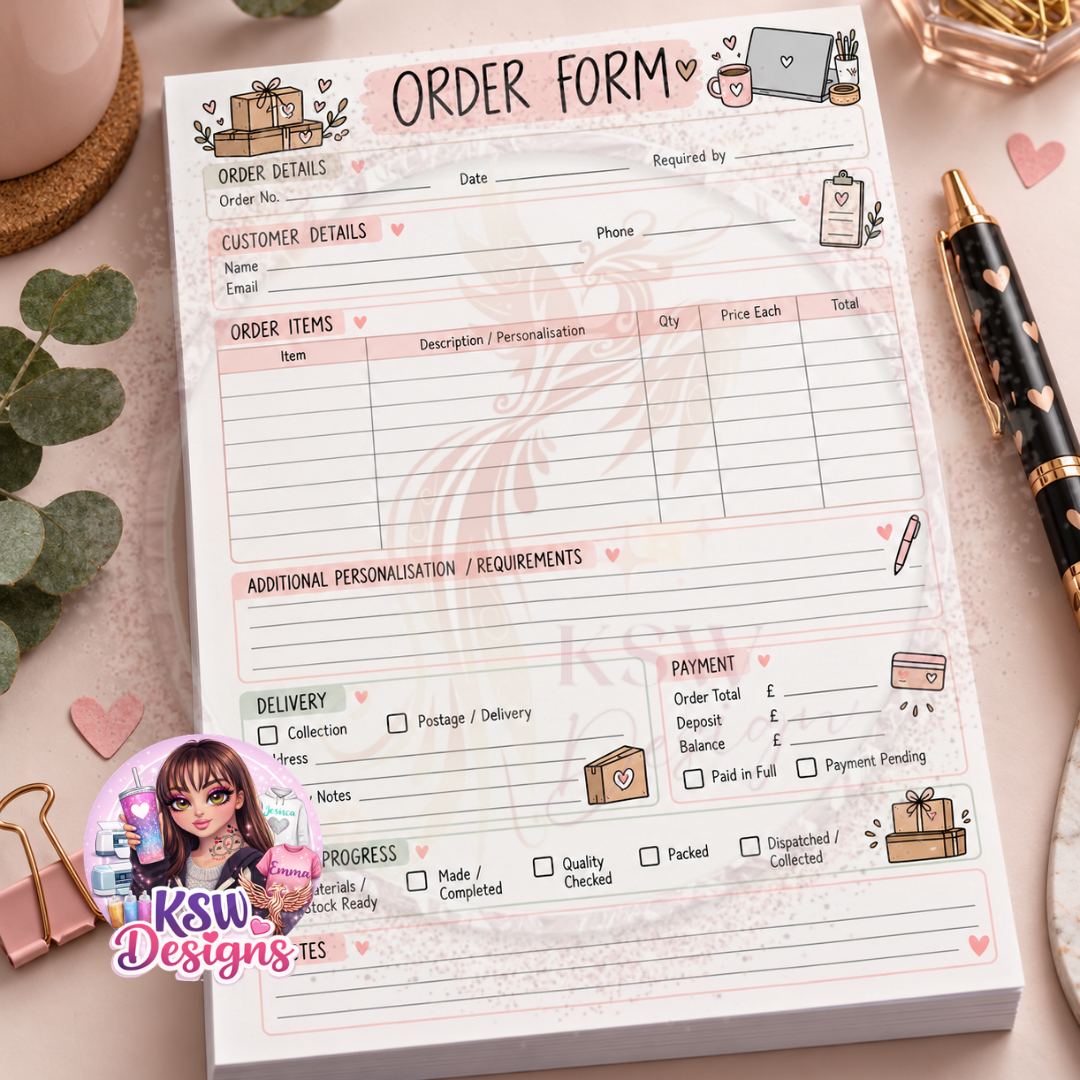 Small business order form tear-off notepad available in A4 or A5 with customer, order, payment, delivery and progress sections