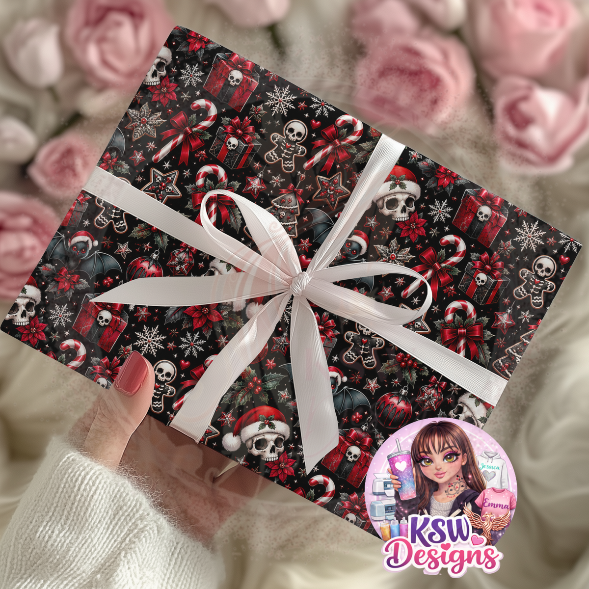 Christmas present wrapped in black gothic paper featuring Santa hat skulls, skeleton gingerbread biscuits, festive bats, red presents, candy canes and snowflakes, tied with a white ribbon.