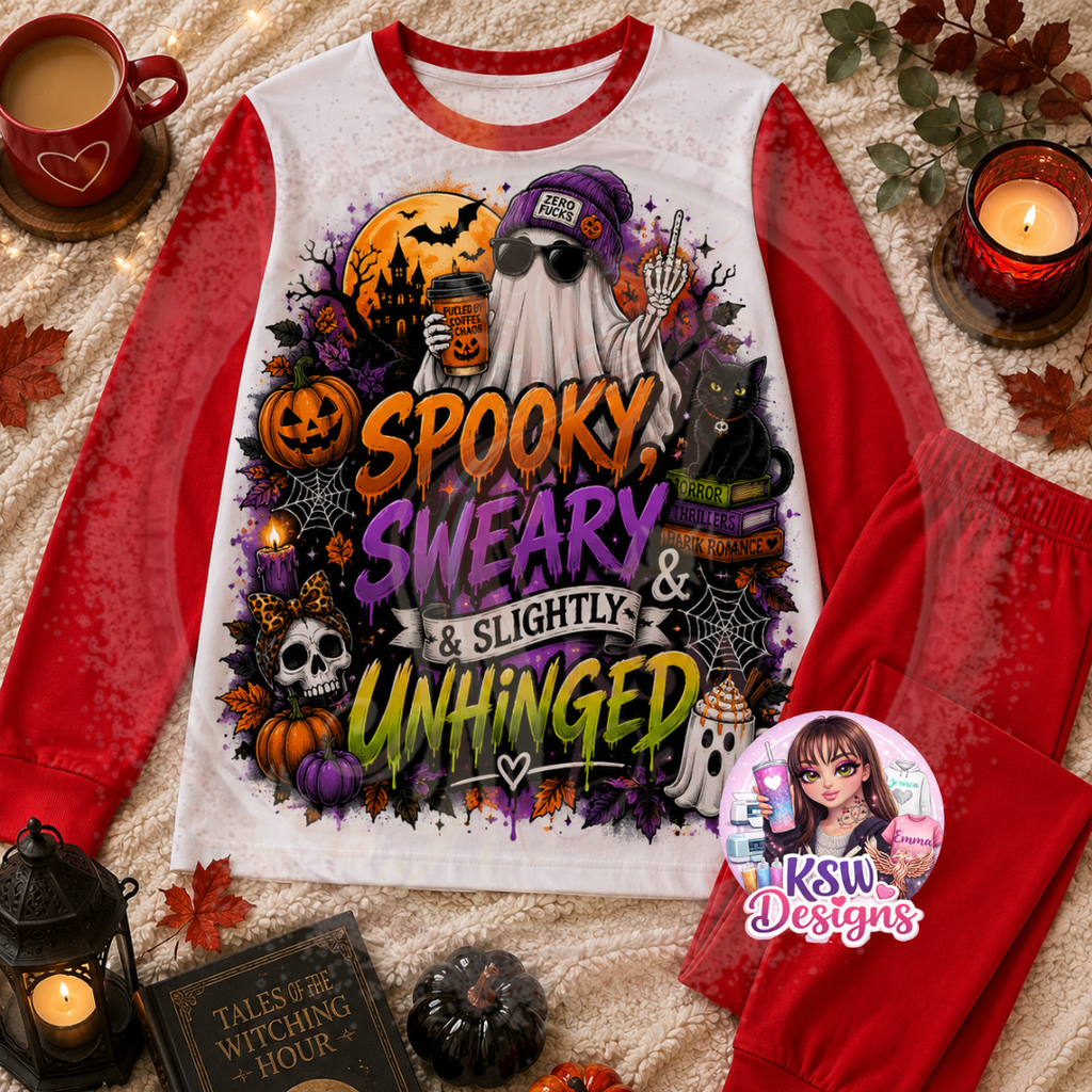 Spooky Sweary and Slightly Unhinged adult Halloween pyjama set featuring ghost, black cat, pumpkins, skull, bats and cobwebs shown on red block pyjamas