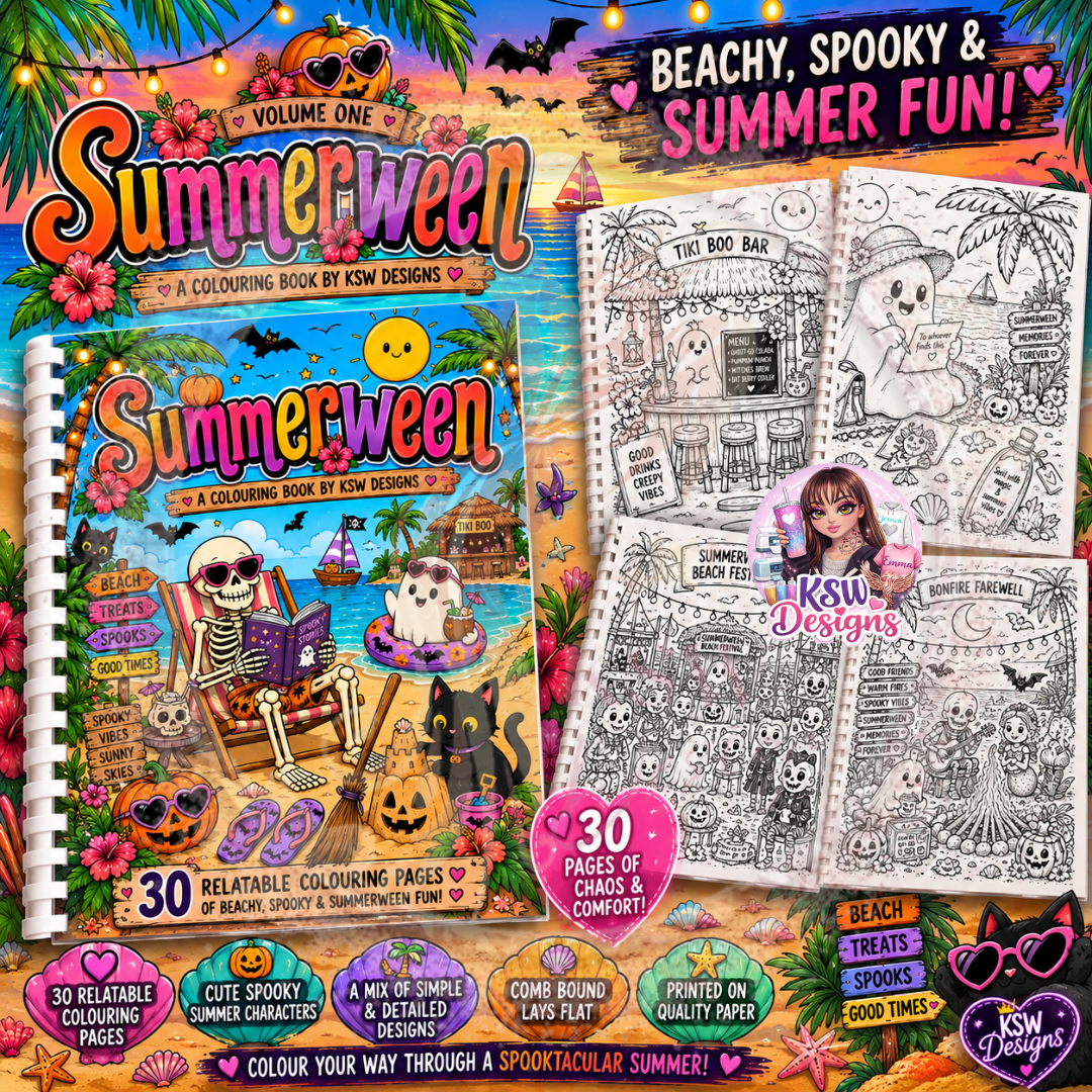 Summerween colouring book featuring cute ghosts, skeletons, pumpkins and tropical beach Halloween scenes with 30 spooky summer colouring pages.