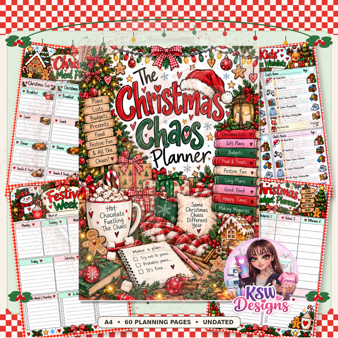 The Christmas Chaos Planner by KSW Designs with four sample planning pages, including Christmas meal planning, kids wishlists, weekly planning and Christmas budgeting. A4 undated planner with 60 planning pages.