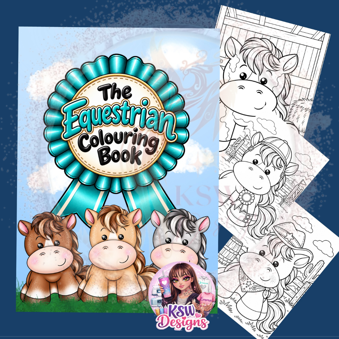 The Equestrian Colouring Book cover featuring three cute cartoon ponies beneath a turquoise rosette, alongside sample black-and-white horse and pony colouring pages.