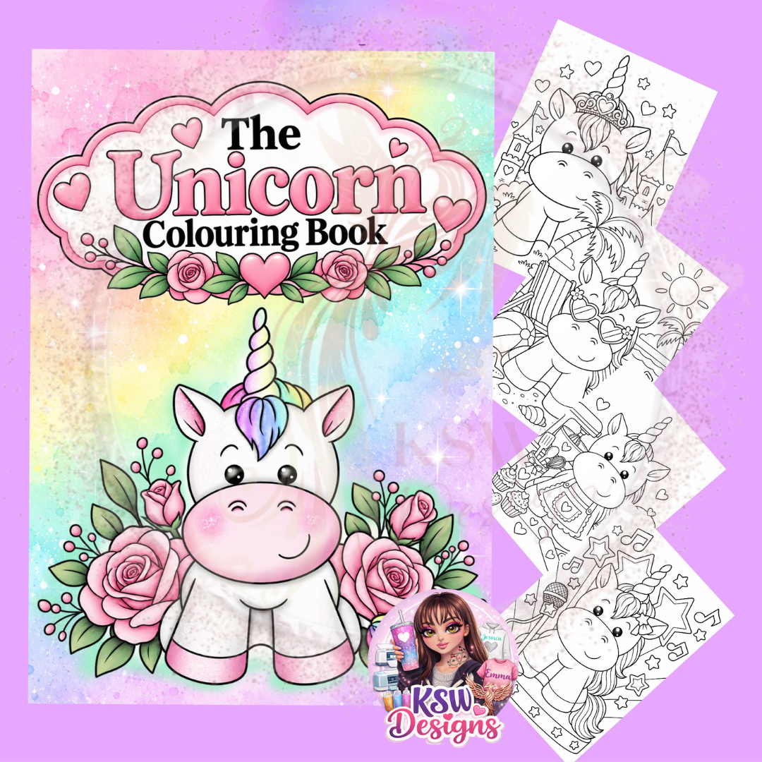 The Unicorn Colouring Book cover featuring a cute white unicorn with a pastel rainbow mane, pink roses and hearts, alongside sample black-and-white unicorn colouring pages.