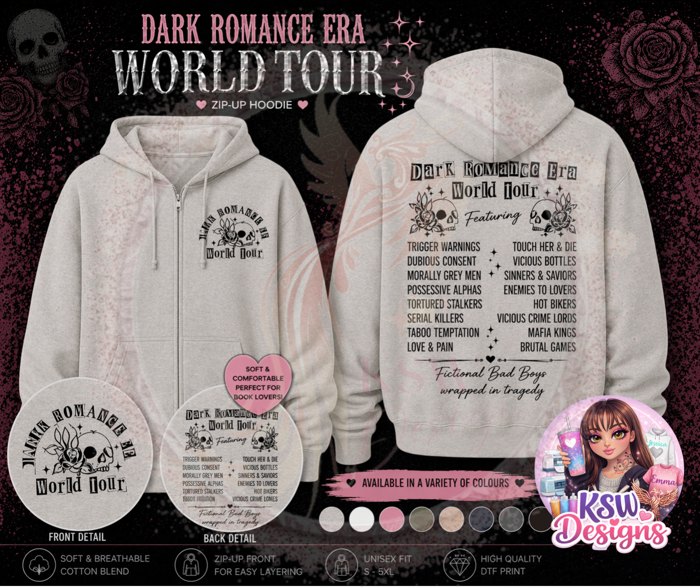 Dark Romance Era Zip-Up Hoodie – World Tour Gothic Hoodie | Bookish Dark Romance Clothing