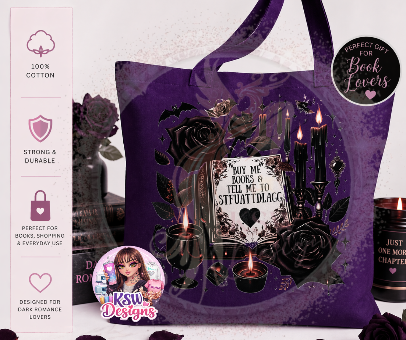 Buy Me Books & Tell Me To STFU Tote Bag – Dark Romance Bookish Tote | Gothic Book Lover Gift