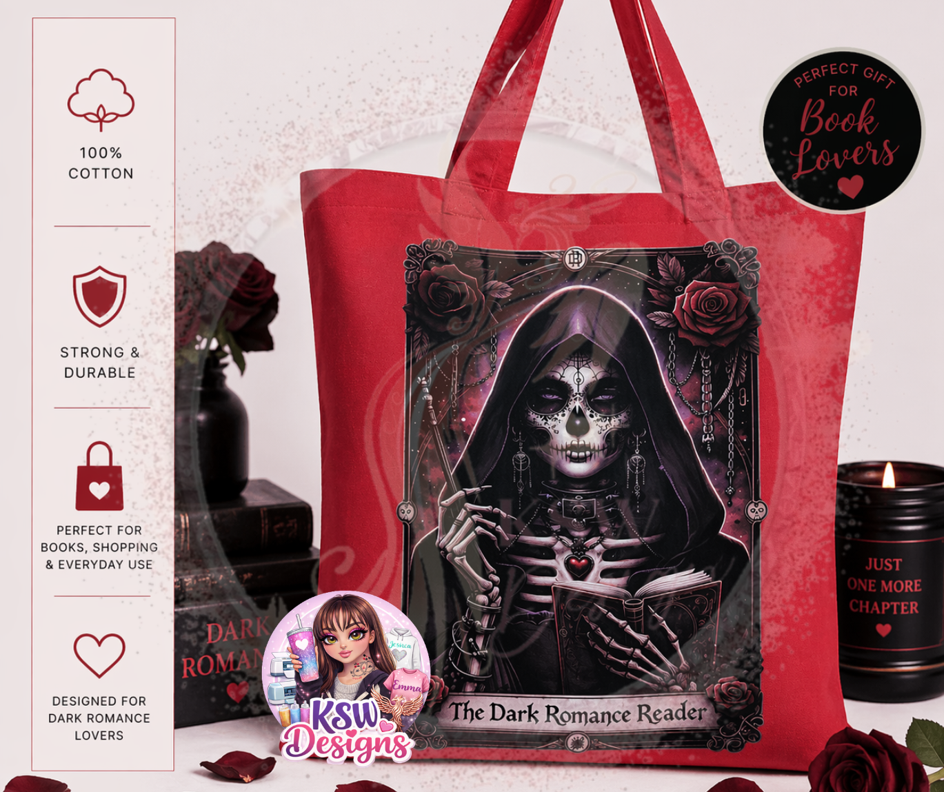 Dark Romance Reader Tote Bag – Gothic Book Lover Cotton Bag | Spooky Bookish Tote