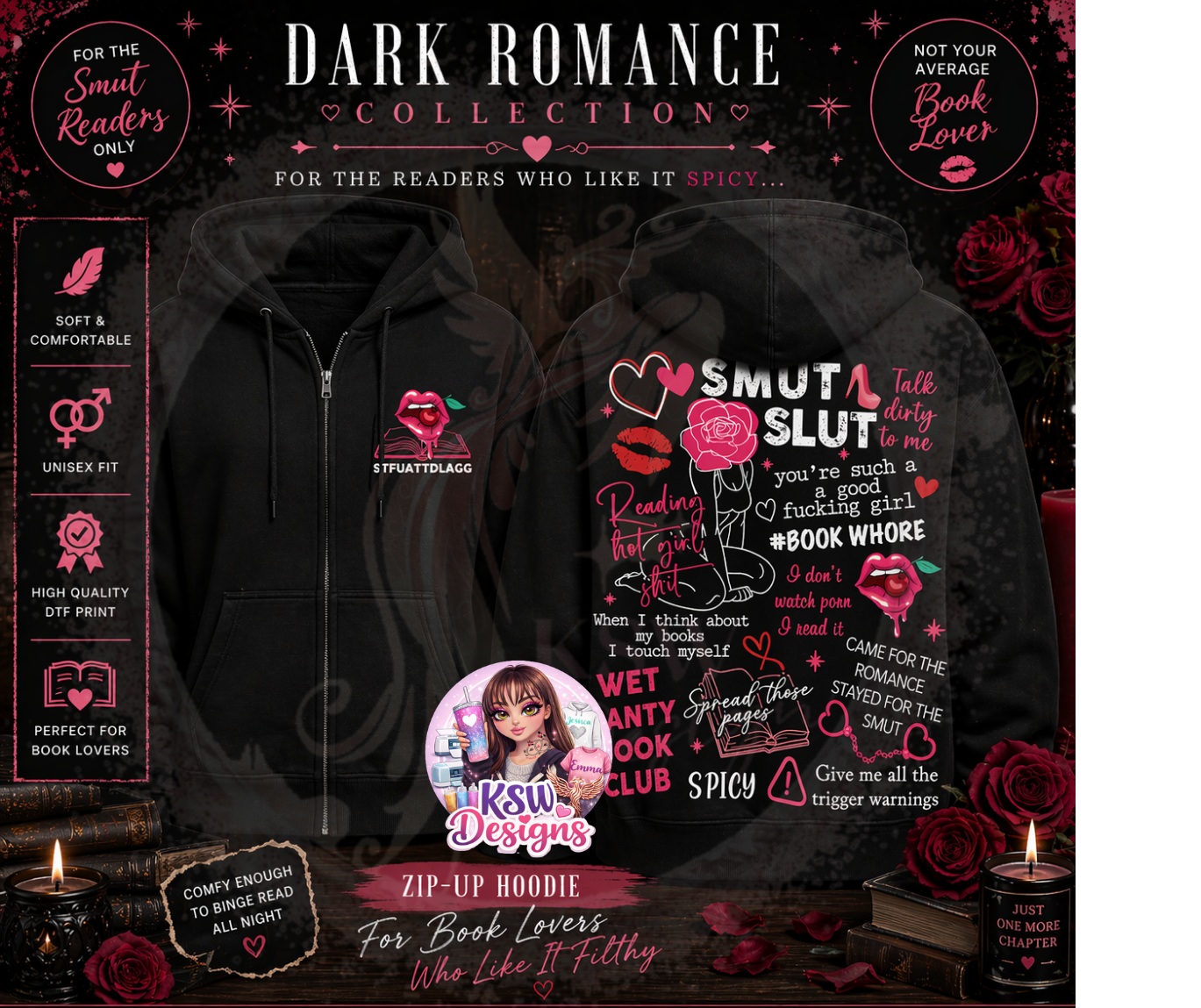 Dark Romance “Smut Slut” Zip-Up Hoodie – Spicy Book Lover Hoodie | Bookish Merch UK