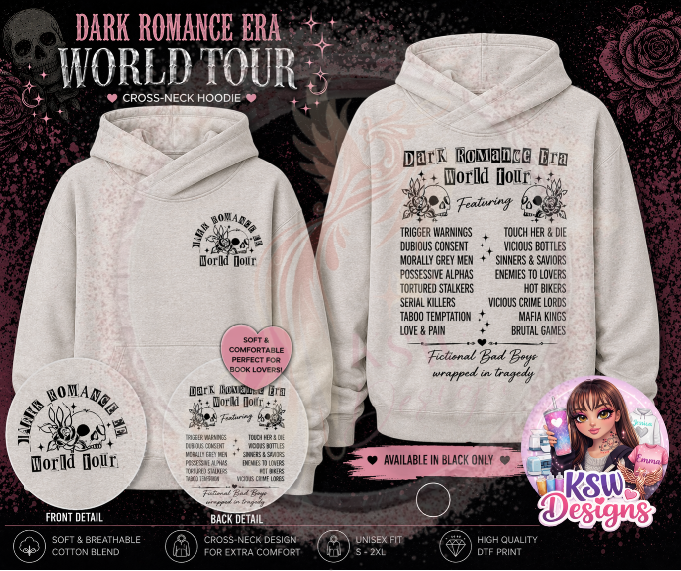 Dark Romance Era Cross-Neck Hoodie – World Tour Gothic Hoodie | Bookish Dark Romance Clothing