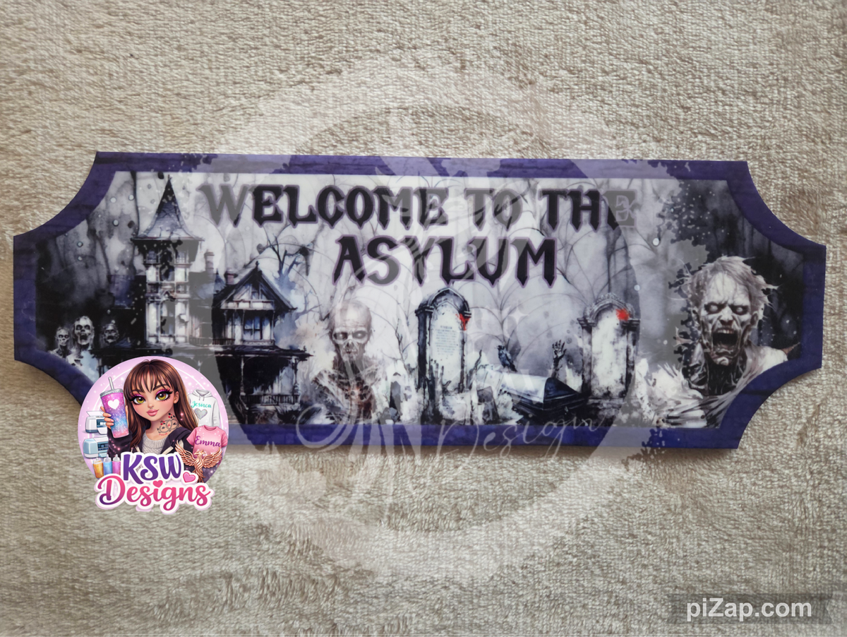Welcome to the Asylum horror wall sign featuring a haunted asylum, graveyard, skeletons and creepy undead figures in a grey, black and purple design.