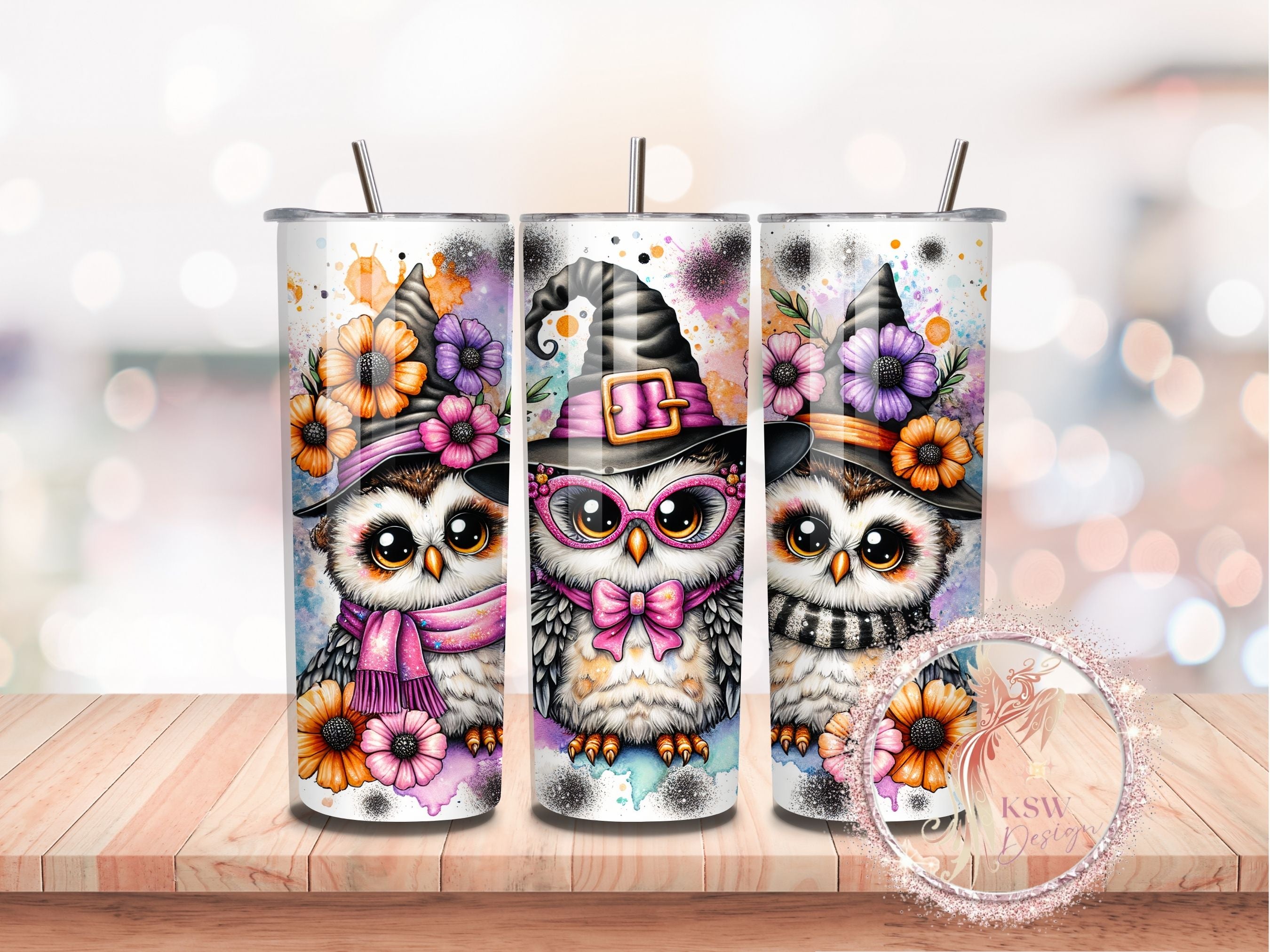 Three tumbler designs featuring owls in hats on a wooden surface with a blurred background.