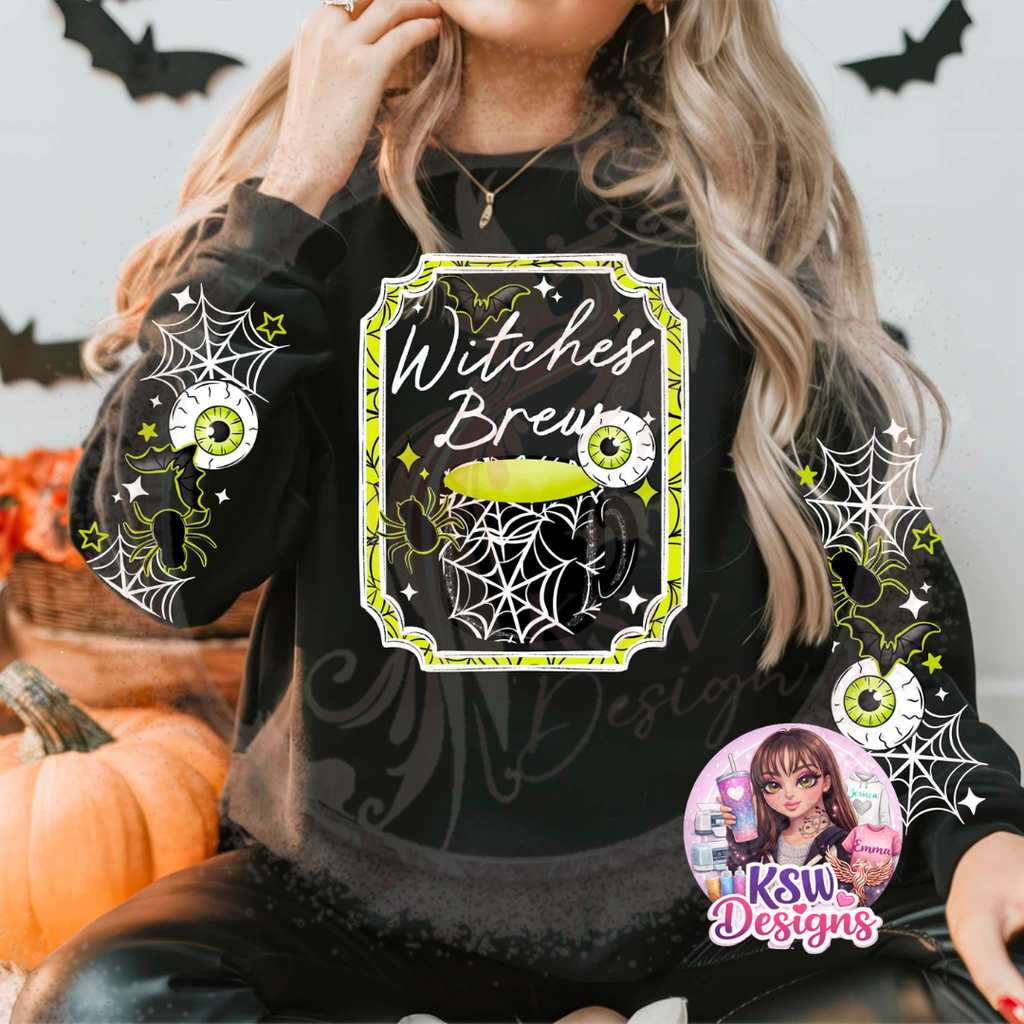 Black Witches Brew Halloween hoodie with spider web, bat and eyeball front design and coordinating spooky artwork printed down both sleeves.