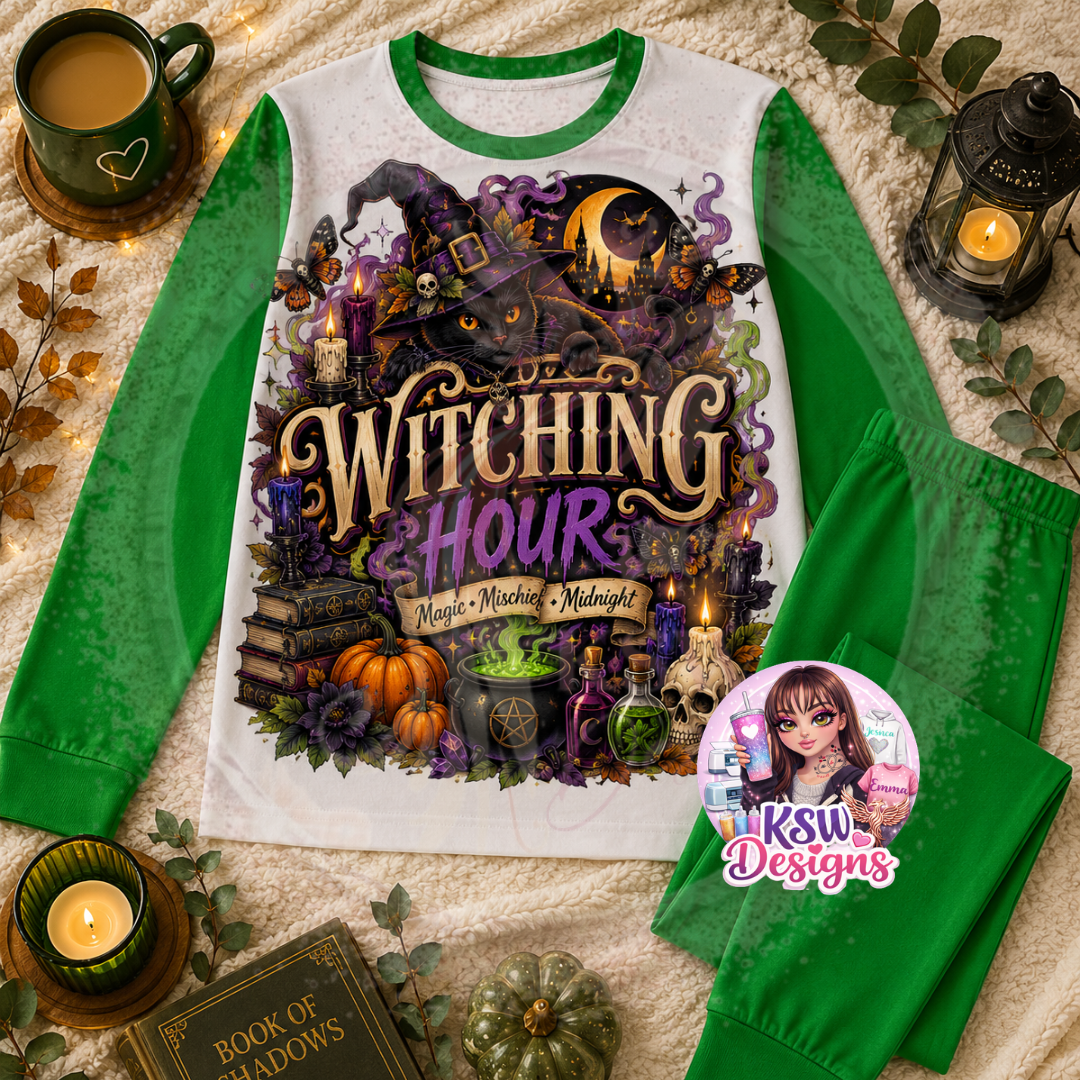 Witching Hour adult pyjama set with witchy black cat, pumpkins, potion bottles, candles, cauldron and spell book design shown on green block pyjamas