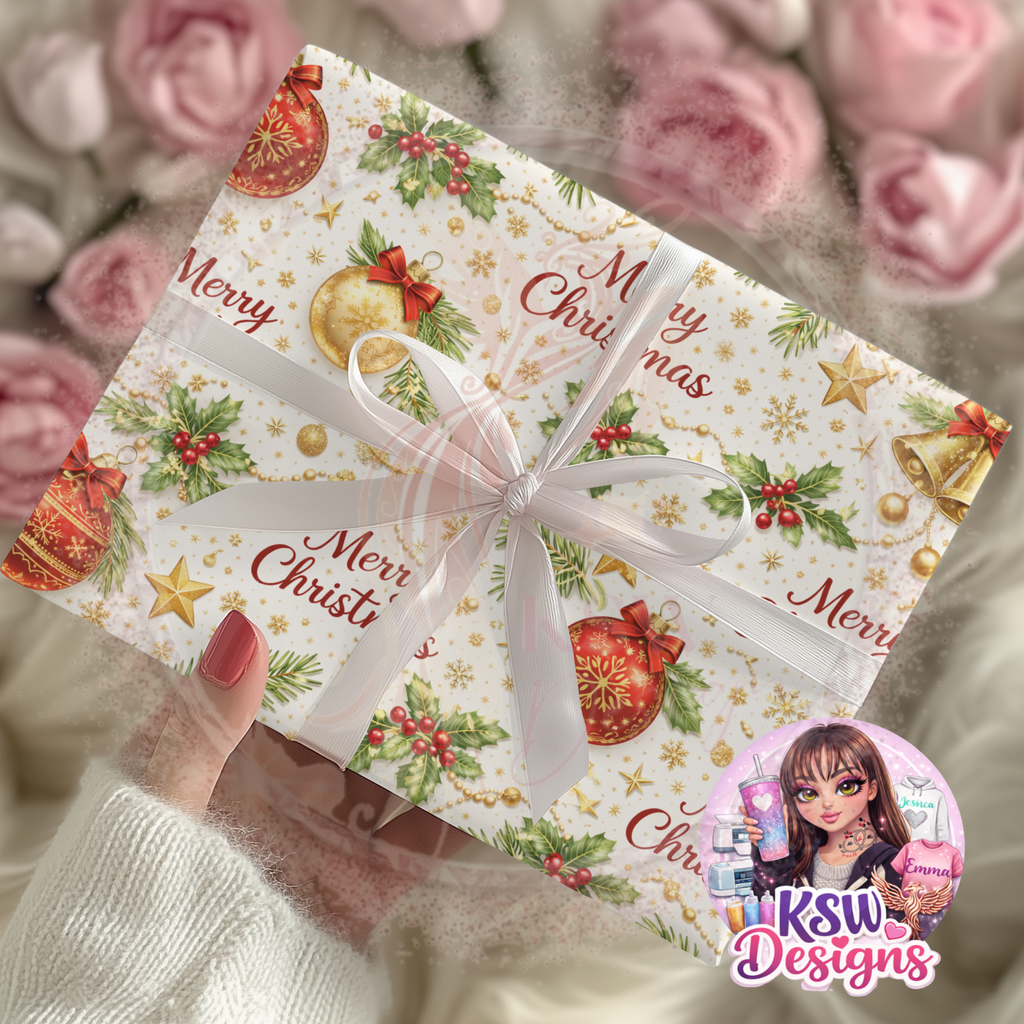 Festive Luxe Baubles & Holly Wrapping Paper Sheets