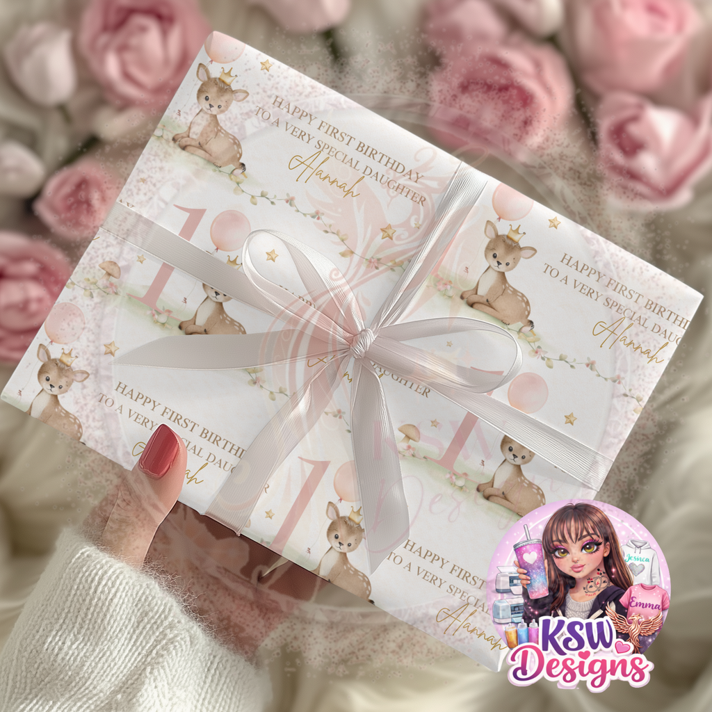 Personalised 1st Birthday Wrapping Paper for Daughter | Woodland Deer Gift Wrap