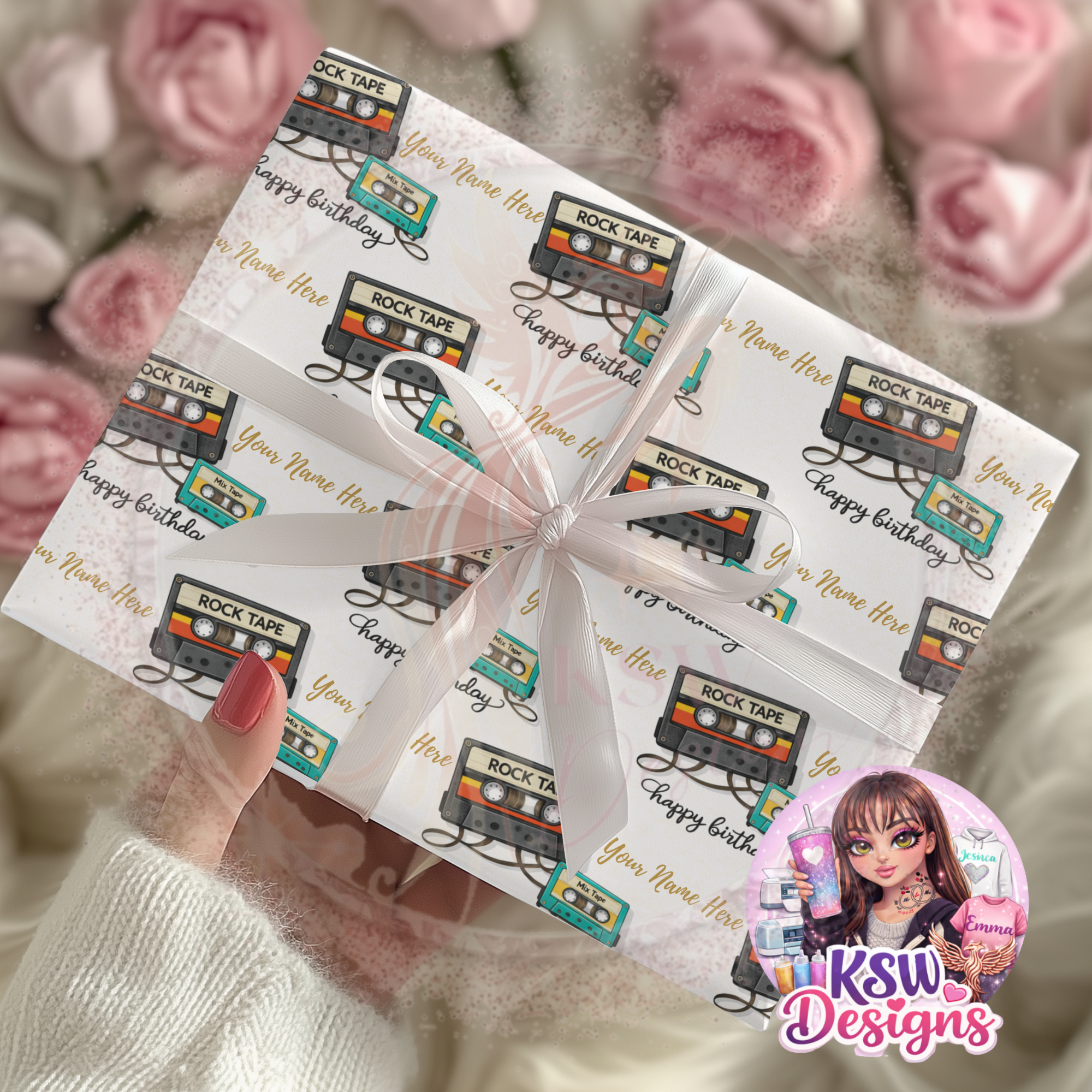 Personalised Retro Cassette Birthday Wrapping Paper | Custom Name Gift Wrap