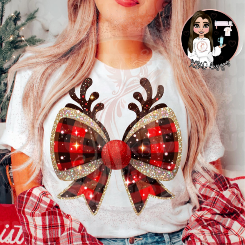 Tartan Reindeer Bow Christmas T-Shirt