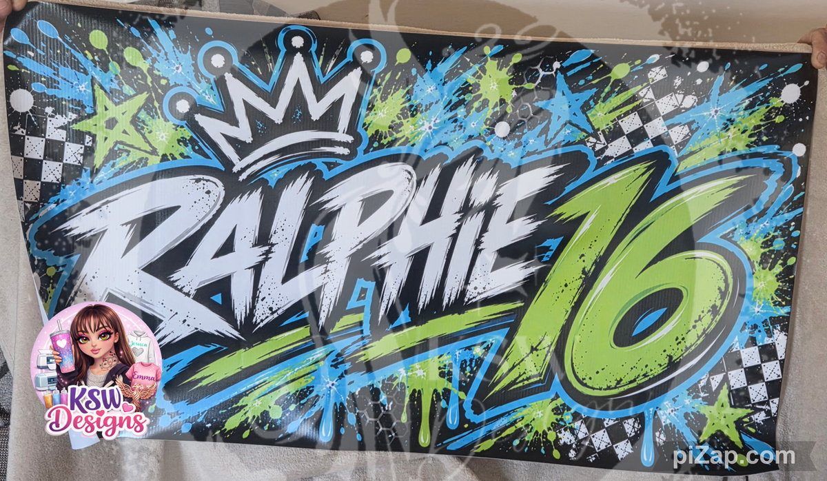 Personalised PVC banner with custom Ralphie 16 motocross themed design