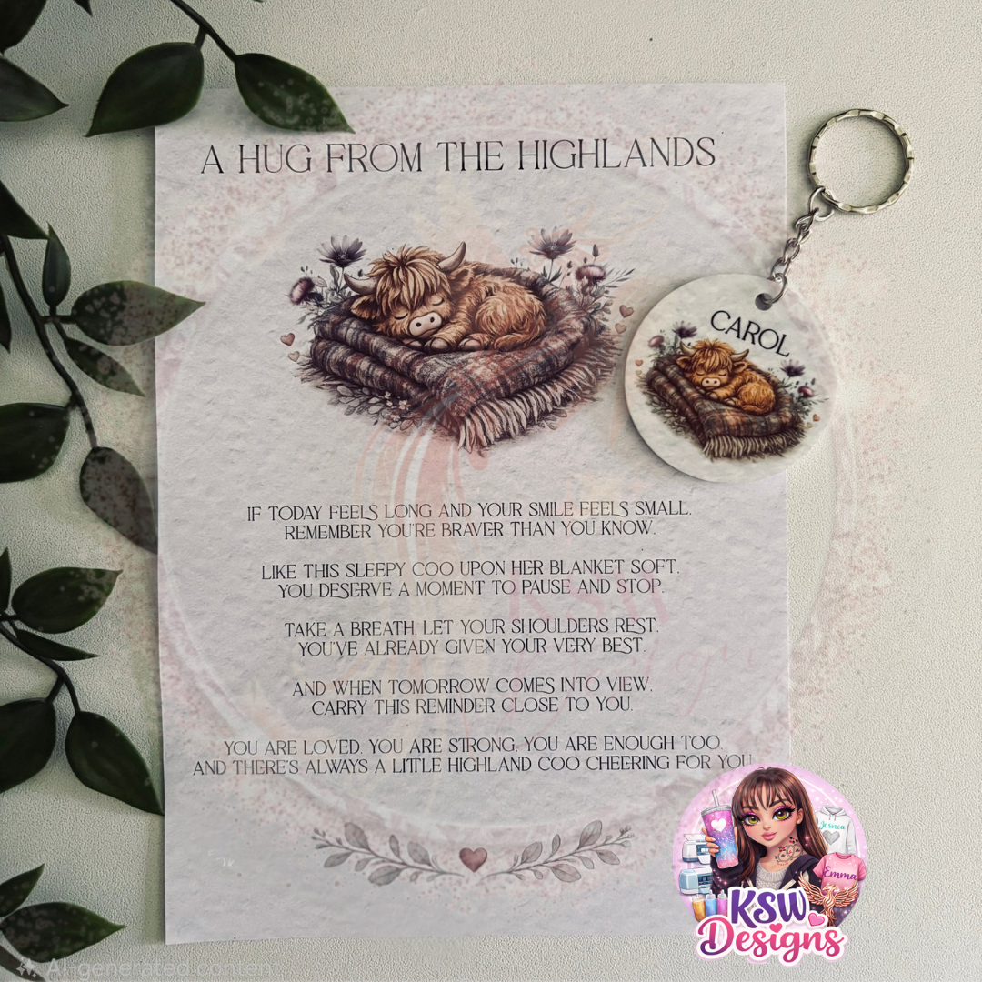 Personalised Highland Cow Comfort Keyring & Poem Card Gift