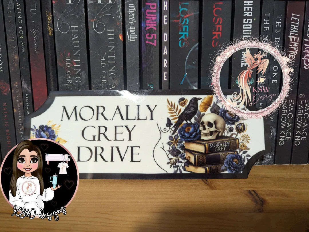 Morally Grey Drive Acrylic Shelf Sign – Dark Romance Bookshelf Decor