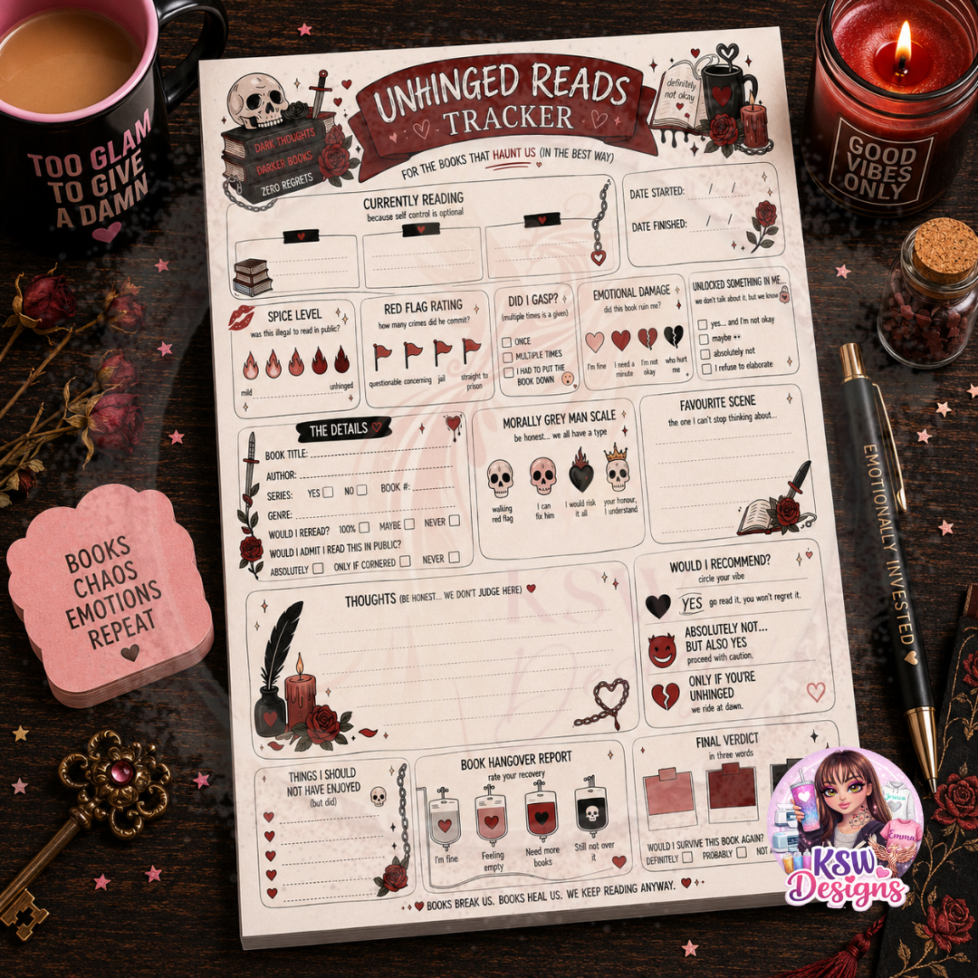 Unhinged Reads Tracker Notepad | A4 & A5 Dark Romance Reading Journal Pad