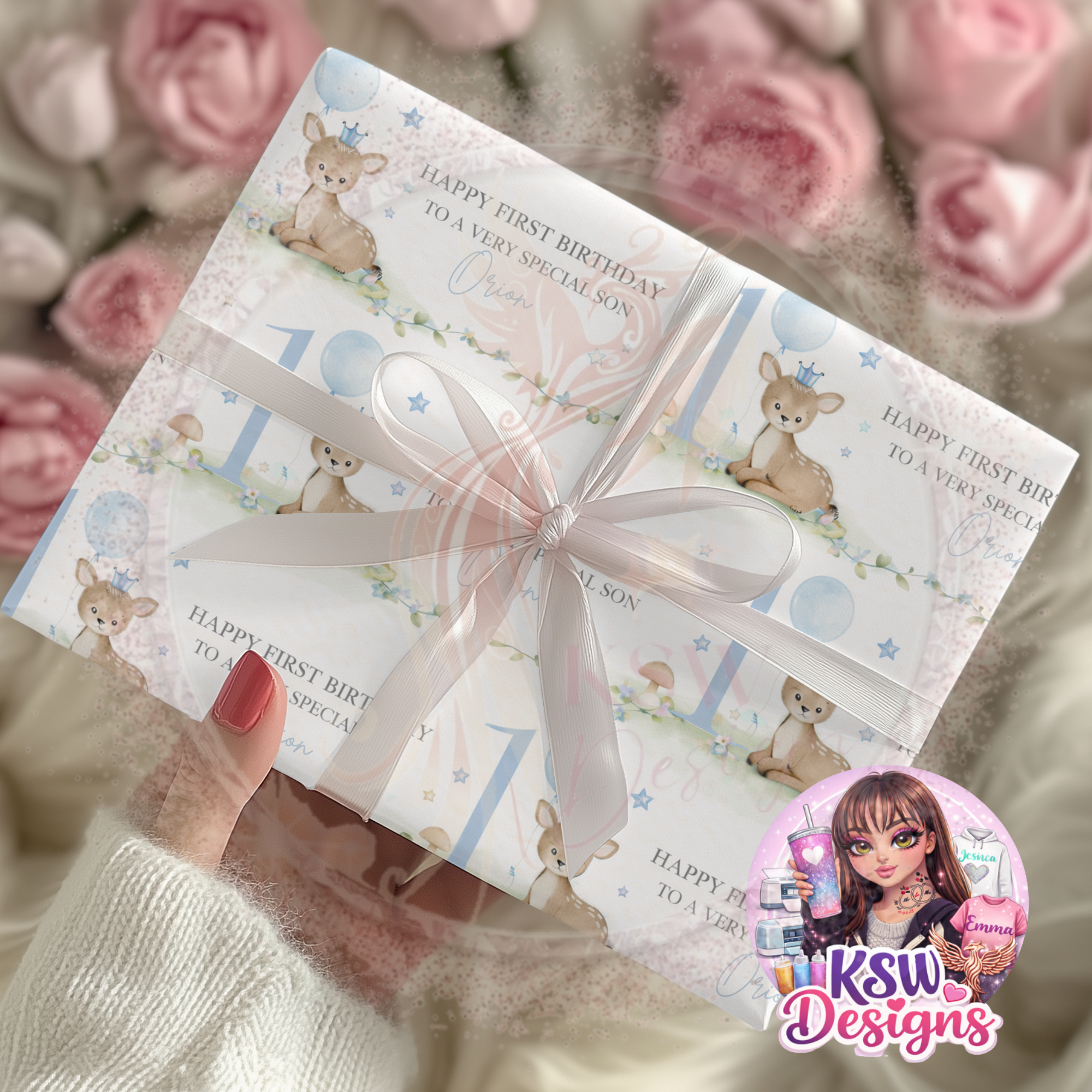 Personalised 1st Birthday Wrapping Paper for Son | Woodland Deer Gift Wrap