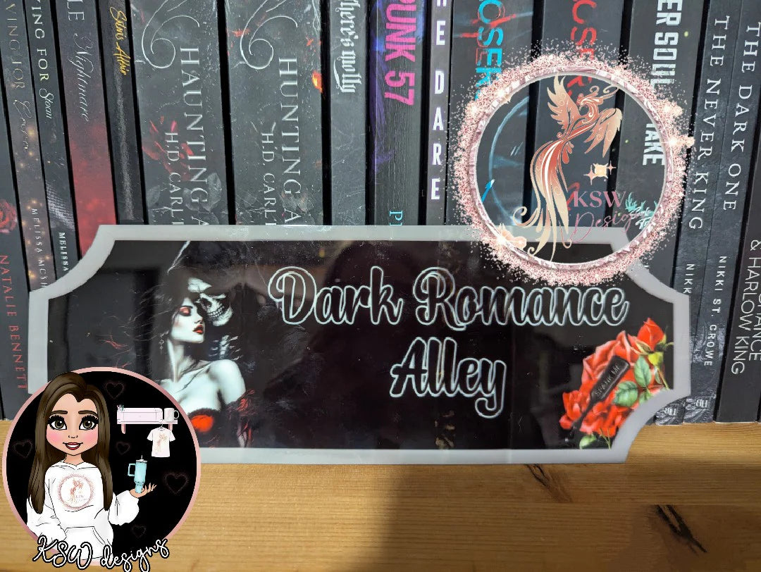 Dark Romance Alley Acrylic Shelf Sign – Gothic Dark Romance Bookshelf Decor